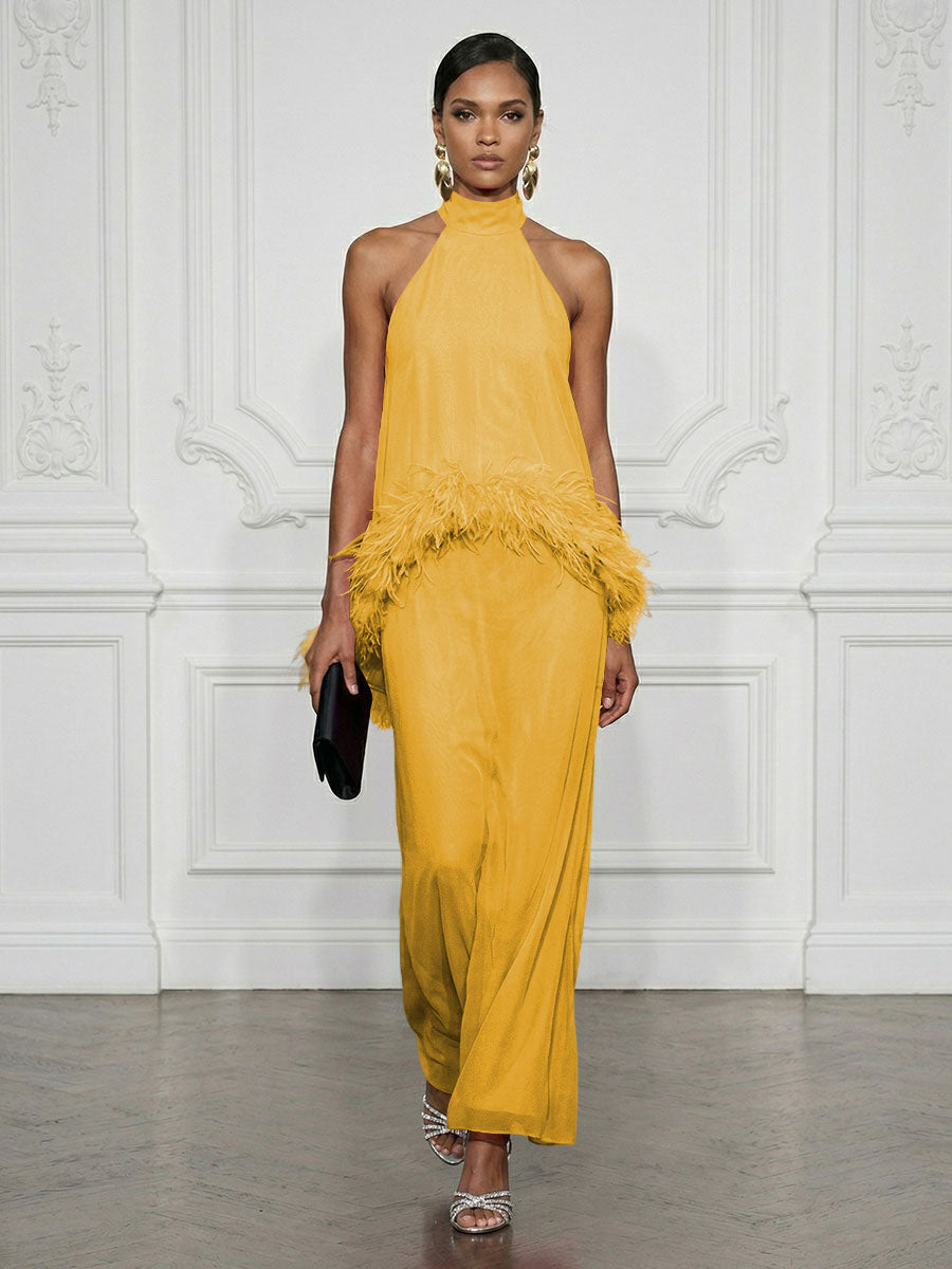 Shirees Mustard Yellow Chiffon Sheath/Column High Neck Floor-Length Cocktail Dresses with Feather Trim 2026