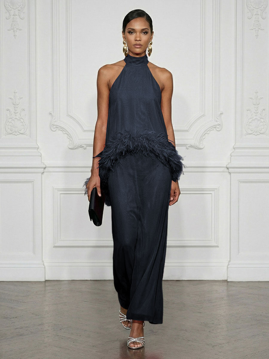 Chiffon Sheath/Column High Neck Floor-Length Cocktail Dresses with Feather Trim