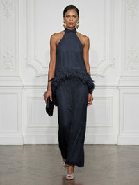Chiffon Sheath/Column High Neck Floor-Length Cocktail Dresses with Feather Trim