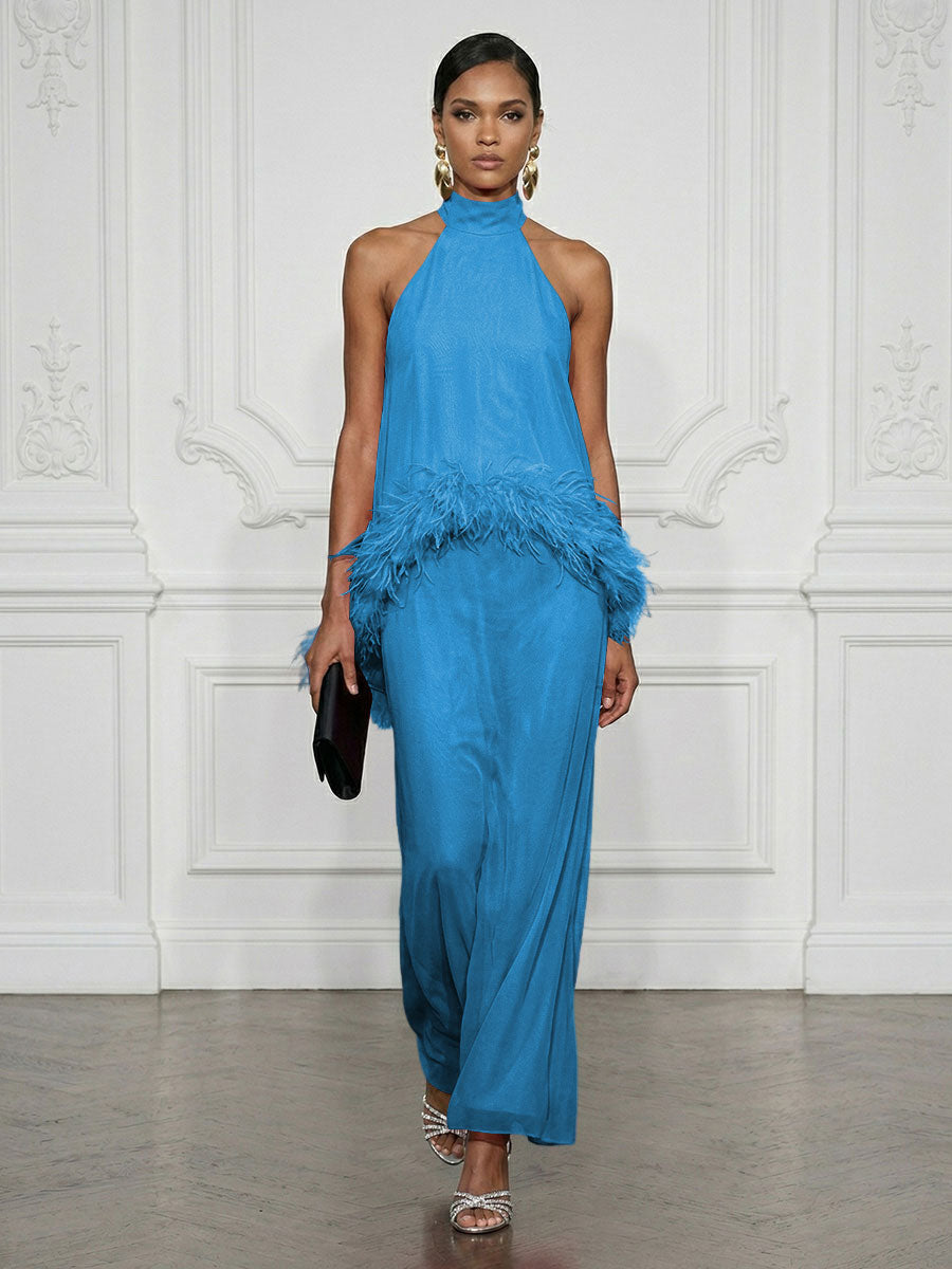Chiffon Sheath/Column High Neck Floor-Length Cocktail Dresses with Feather Trim