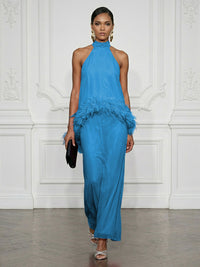 Chiffon Sheath/Column High Neck Floor-Length Cocktail Dresses with Feather Trim