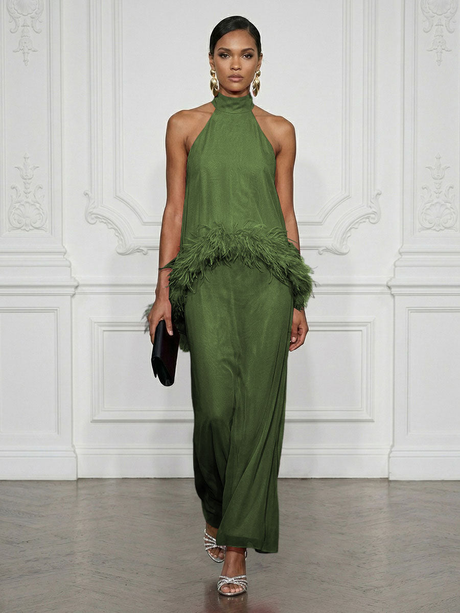 Chiffon Sheath/Column High Neck Floor-Length Cocktail Dresses with Feather Trim