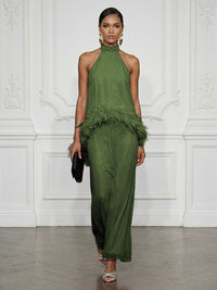Chiffon Sheath/Column High Neck Floor-Length Cocktail Dresses with Feather Trim