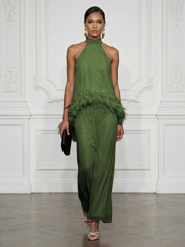 Chiffon Sheath/Column High Neck Floor-Length Cocktail Dresses with Feather Trim