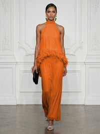 Chiffon Sheath/Column High Neck Floor-Length Cocktail Dresses with Feather Trim
