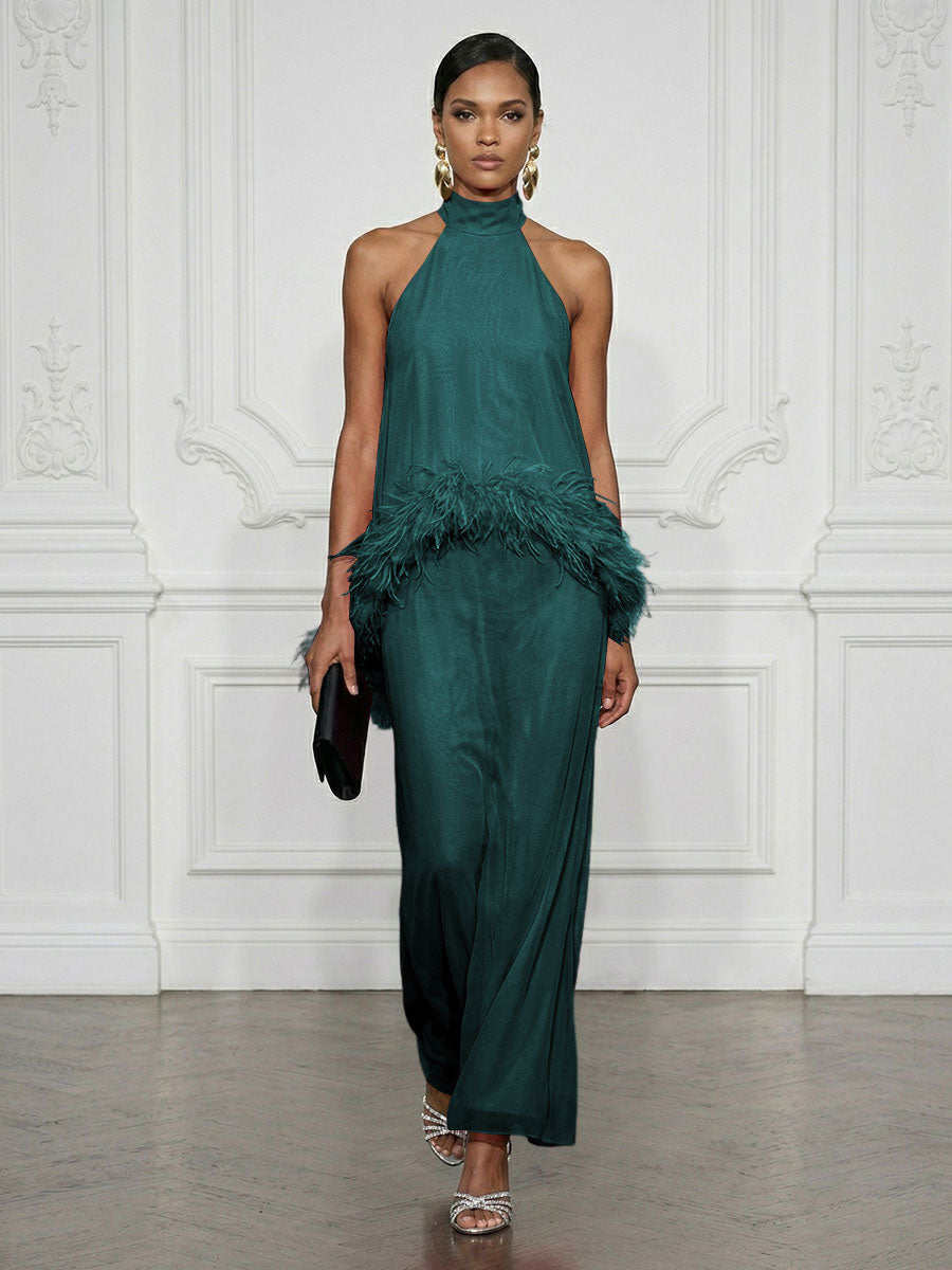 Chiffon Sheath/Column High Neck Floor-Length Cocktail Dresses with Feather Trim
