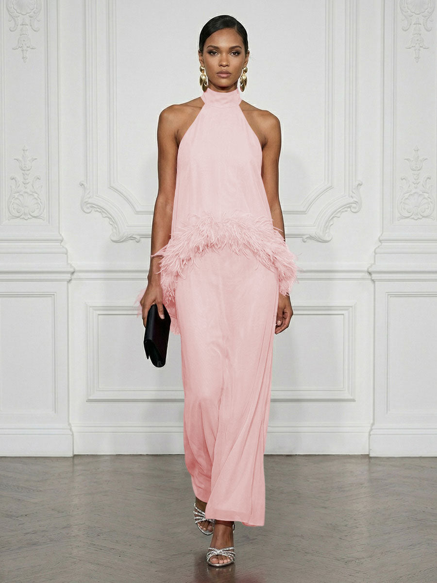 Chiffon Sheath/Column High Neck Floor-Length Cocktail Dresses with Feather Trim