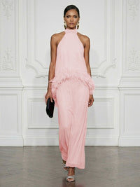 Chiffon Sheath/Column High Neck Floor-Length Cocktail Dresses with Feather Trim
