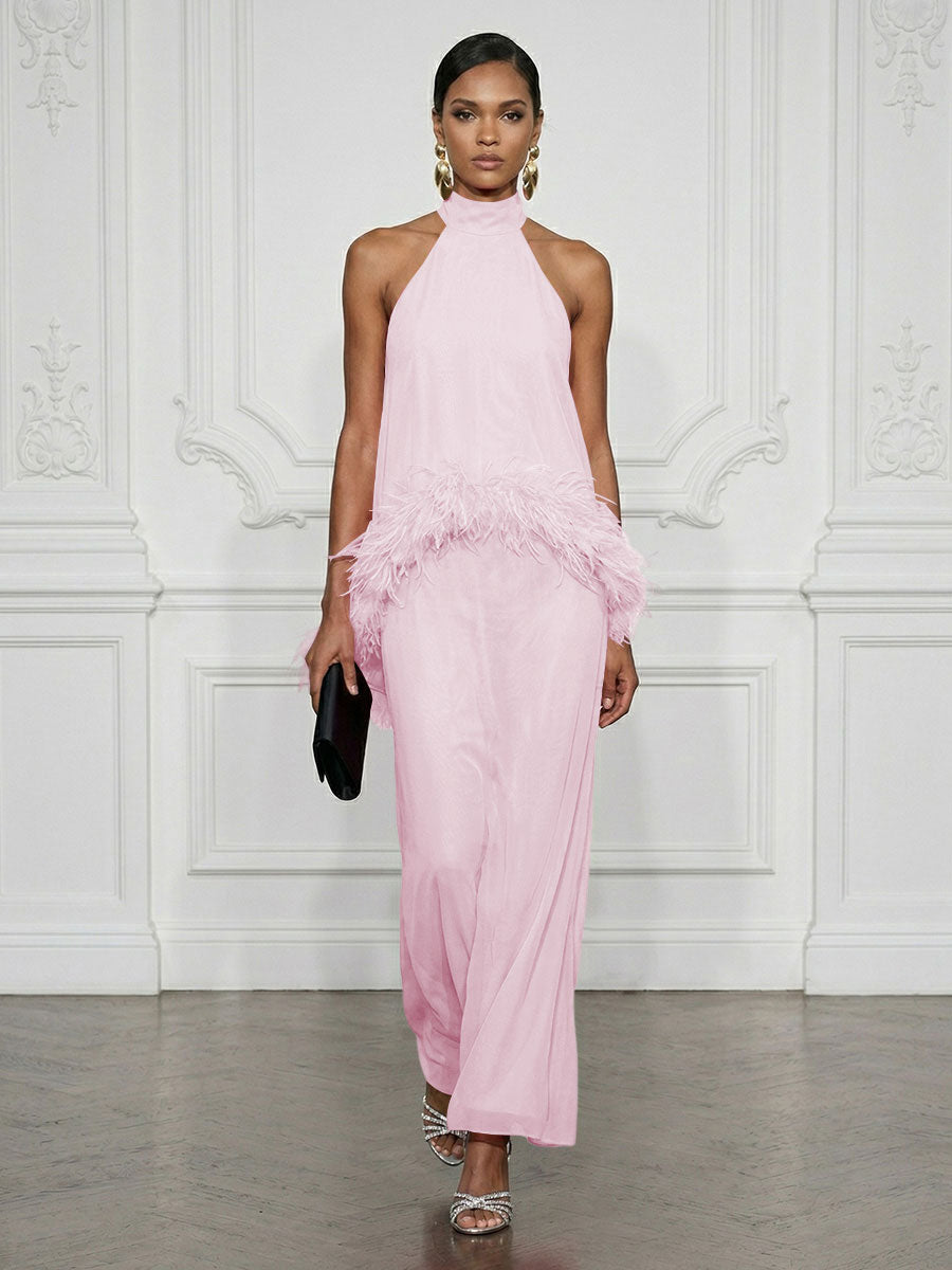 Chiffon Sheath/Column High Neck Floor-Length Cocktail Dresses with Feather Trim