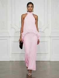 Chiffon Sheath/Column High Neck Floor-Length Cocktail Dresses with Feather Trim