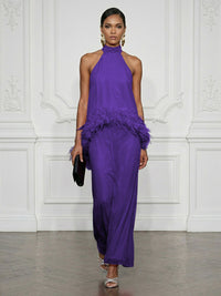 Chiffon Sheath/Column High Neck Floor-Length Cocktail Dresses with Feather Trim