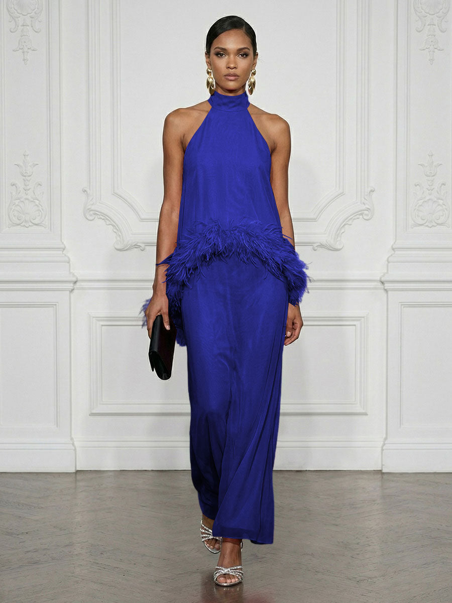Chiffon Sheath/Column High Neck Floor-Length Cocktail Dresses with Feather Trim