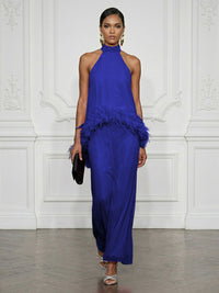 Chiffon Sheath/Column High Neck Floor-Length Cocktail Dresses with Feather Trim