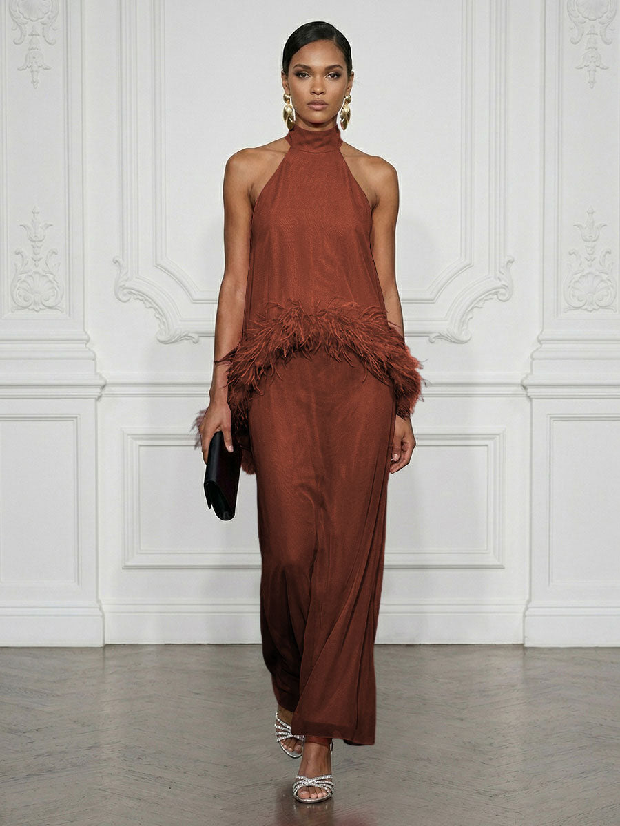 Chiffon Sheath/Column High Neck Floor-Length Cocktail Dresses with Feather Trim