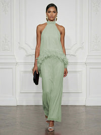Chiffon Sheath/Column High Neck Floor-Length Cocktail Dresses with Feather Trim