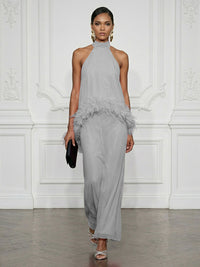 Chiffon Sheath/Column High Neck Floor-Length Cocktail Dresses with Feather Trim
