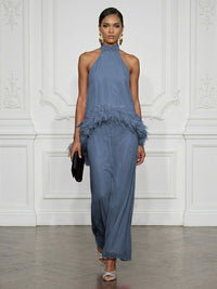 Chiffon Sheath/Column High Neck Floor-Length Cocktail Dresses with Feather Trim