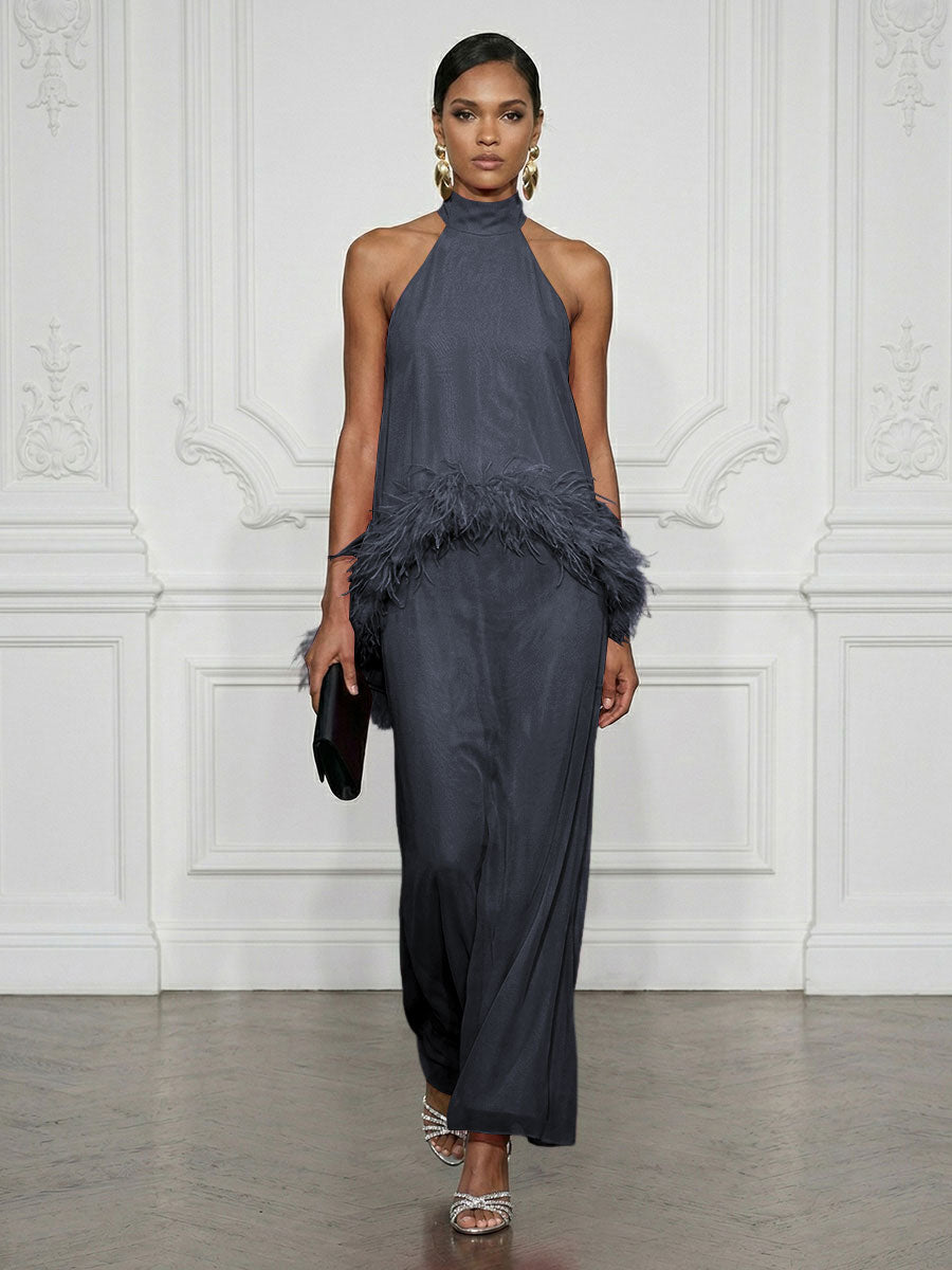 Chiffon Sheath/Column High Neck Floor-Length Cocktail Dresses with Feather Trim