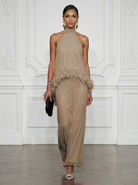 Chiffon Sheath/Column High Neck Floor-Length Cocktail Dresses with Feather Trim