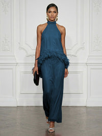 Chiffon Sheath/Column High Neck Floor-Length Cocktail Dresses with Feather Trim