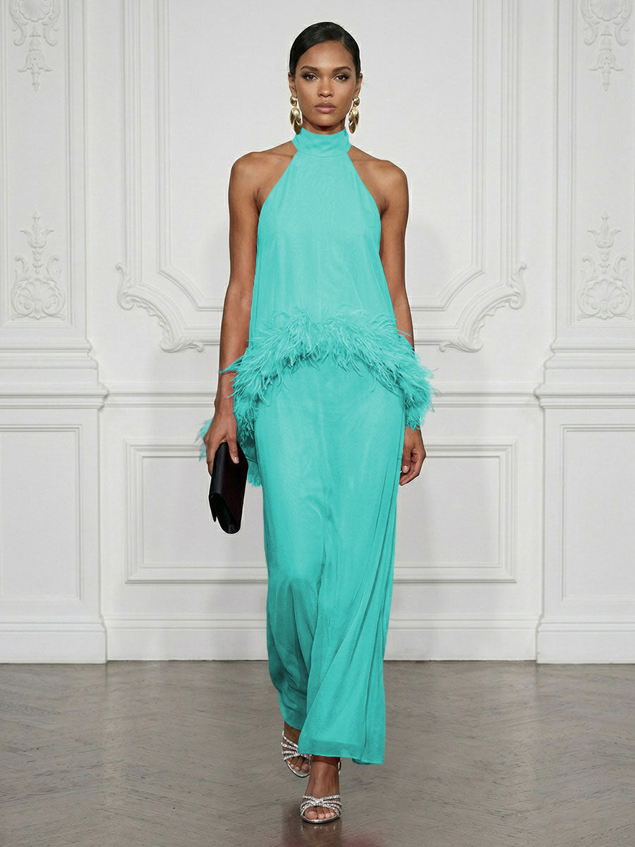 Shirees Turquoise Chiffon Sheath/Column High Neck Floor-Length Cocktail Dresses with Feather Trim 2026