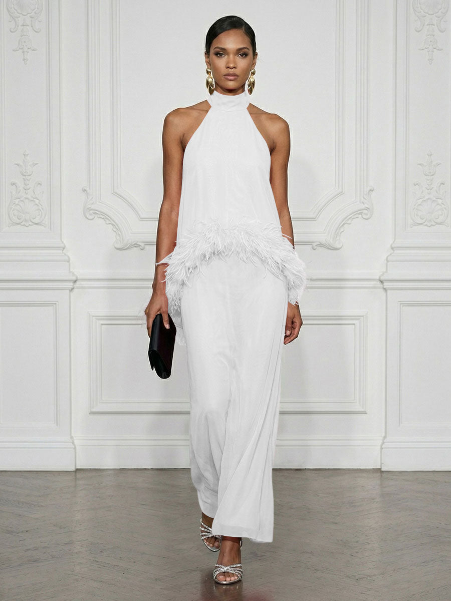 Chiffon Sheath/Column High Neck Floor-Length Cocktail Dresses with Feather Trim