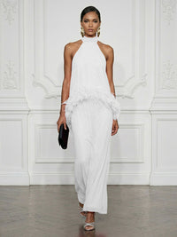 Chiffon Sheath/Column High Neck Floor-Length Cocktail Dresses with Feather Trim