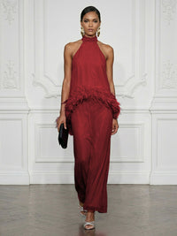 Chiffon Sheath/Column High Neck Floor-Length Cocktail Dresses with Feather Trim