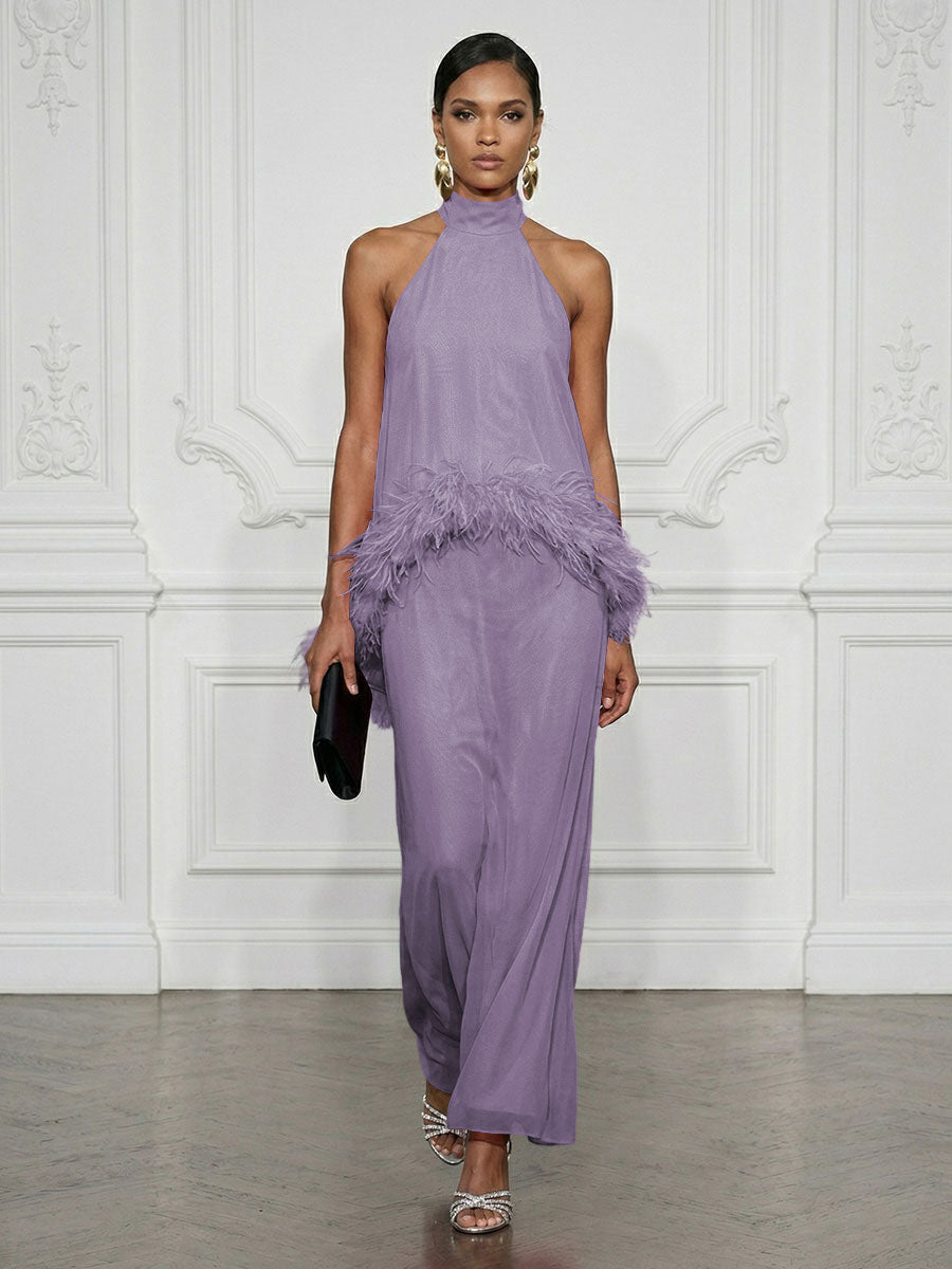 Chiffon Sheath/Column High Neck Floor-Length Cocktail Dresses with Feather Trim