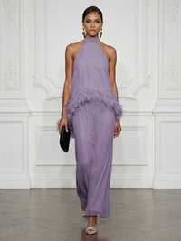Chiffon Sheath/Column High Neck Floor-Length Cocktail Dresses with Feather Trim
