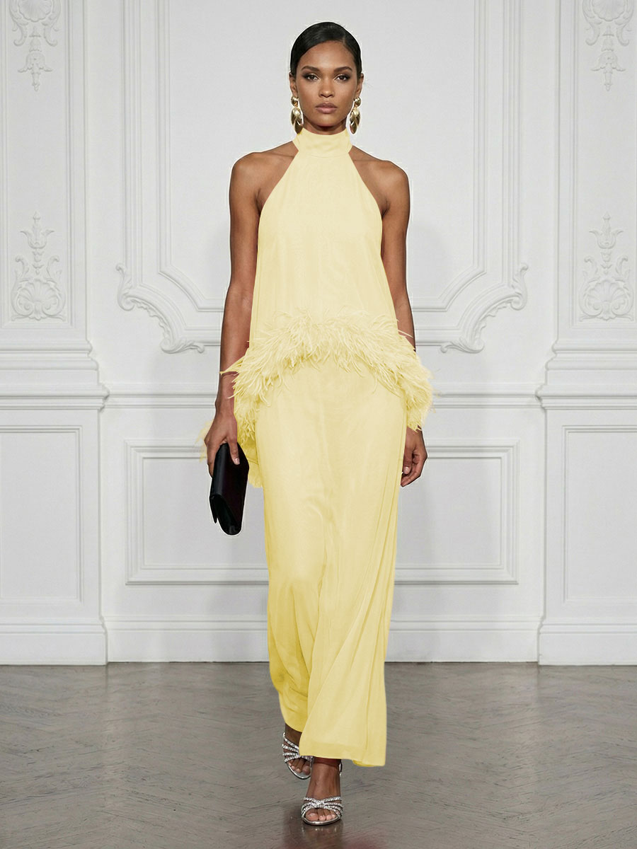 Chiffon Sheath/Column High Neck Floor-Length Cocktail Dresses with Feather Trim
