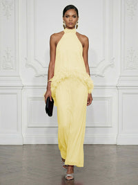 Chiffon Sheath/Column High Neck Floor-Length Cocktail Dresses with Feather Trim