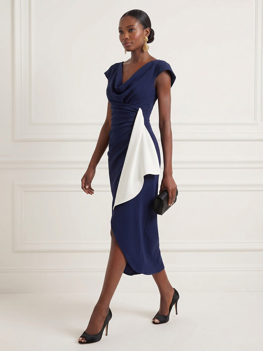 Satin Sheath/Column Cowl Neck Tea-Length Cocktail Dresses with Ruffles
