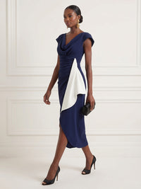 Satin Sheath/Column Cowl Neck Tea-Length Cocktail Dresses with Ruffles