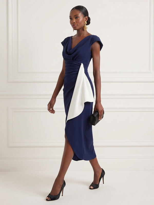 Satin Sheath/Column Cowl Neck Tea-Length Cocktail Dresses with Ruffles