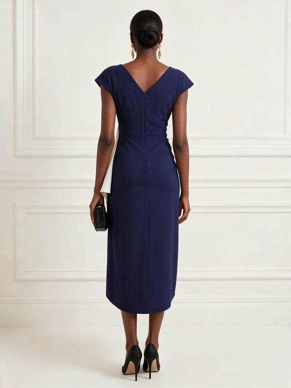 Satin Sheath/Column Cowl Neck Tea-Length Cocktail Dresses with Ruffles