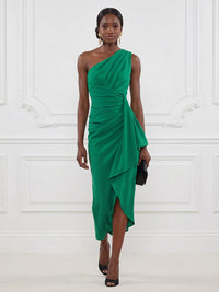 Stretch Mesh Sheath/Column One Shoulder Tea-Length Cocktail Dresses with Ruffles