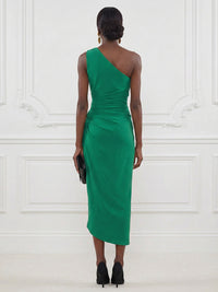 Stretch Mesh Sheath/Column One Shoulder Tea-Length Cocktail Dresses with Ruffles