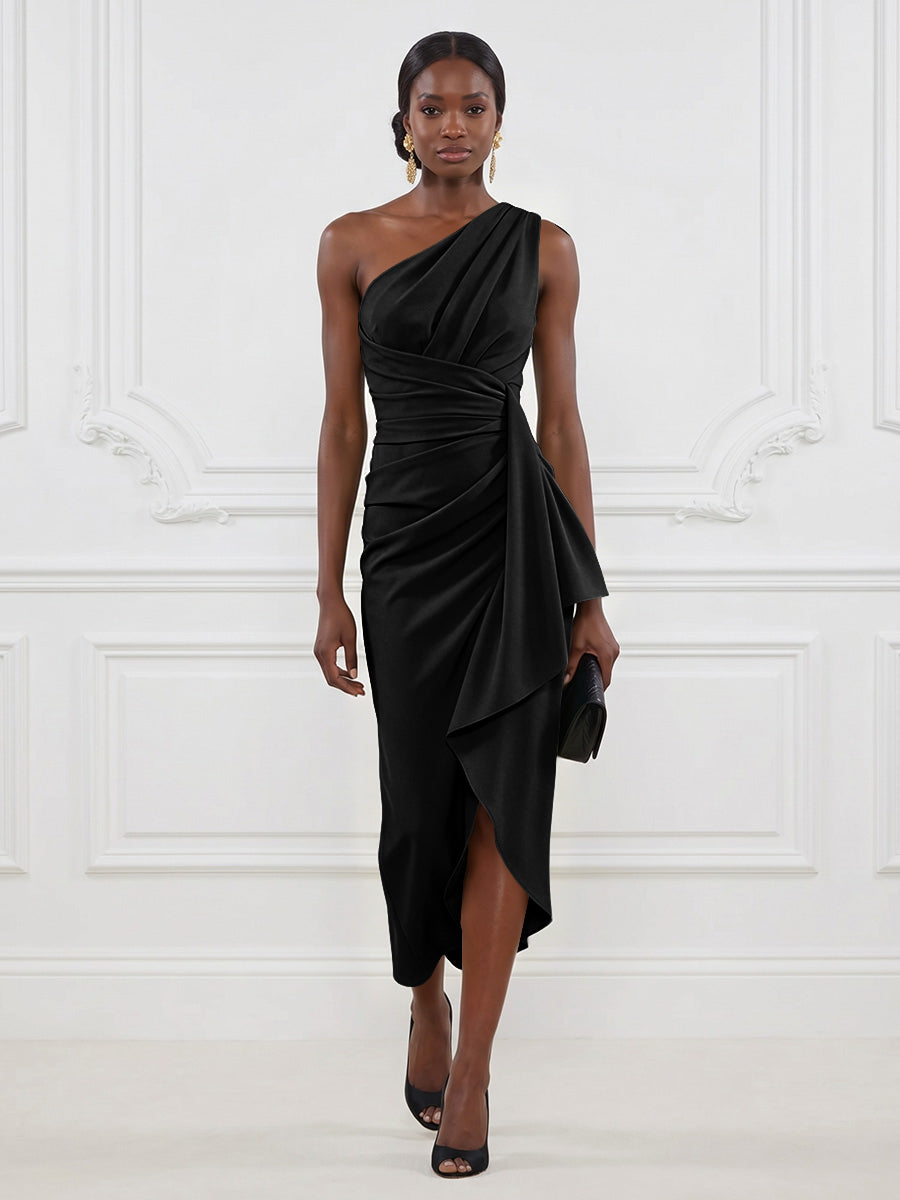 Stretch Mesh Sheath/Column One Shoulder Tea-Length Cocktail Dresses with Ruffles