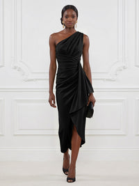 Stretch Mesh Sheath/Column One Shoulder Tea-Length Cocktail Dresses with Ruffles