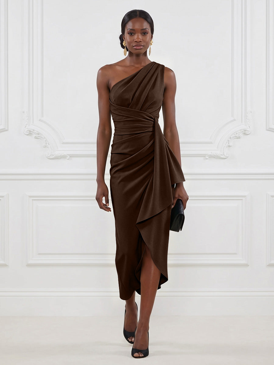 Stretch Mesh Sheath/Column One Shoulder Tea-Length Cocktail Dresses with Ruffles