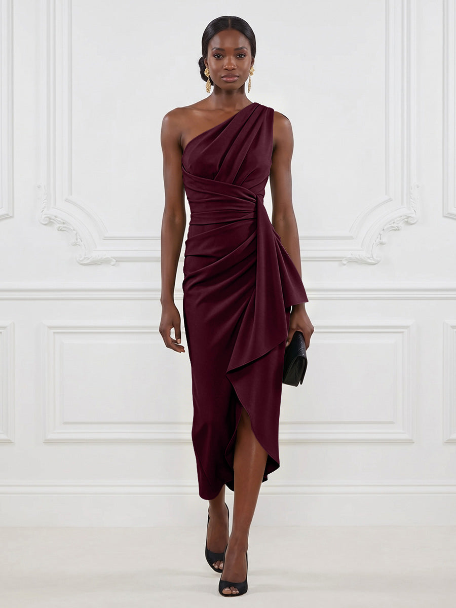 Stretch Mesh Sheath/Column One Shoulder Tea-Length Cocktail Dresses with Ruffles