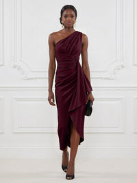 Stretch Mesh Sheath/Column One Shoulder Tea-Length Cocktail Dresses with Ruffles