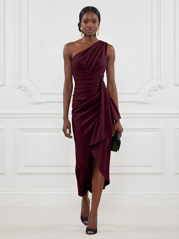 Stretch Mesh Sheath/Column One Shoulder Tea-Length Cocktail Dresses with Ruffles