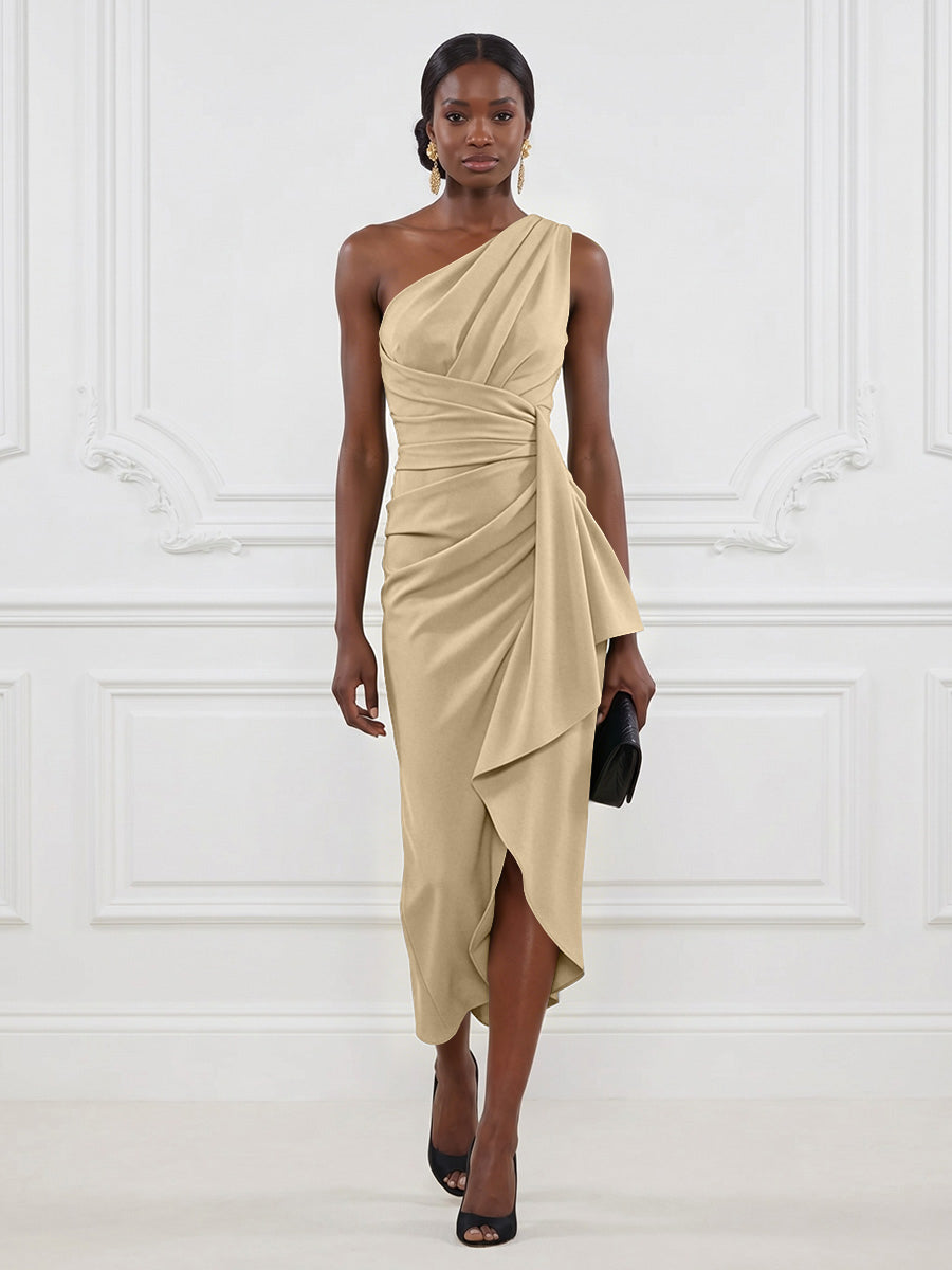 Stretch Mesh Sheath/Column One Shoulder Tea-Length Cocktail Dresses with Ruffles