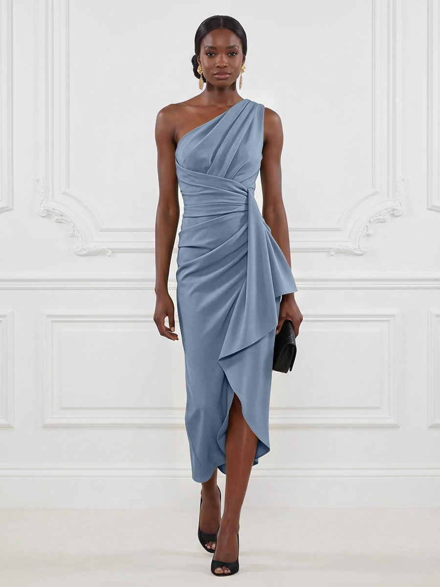 Stretch Mesh Sheath/Column One Shoulder Tea-Length Cocktail Dresses with Ruffles