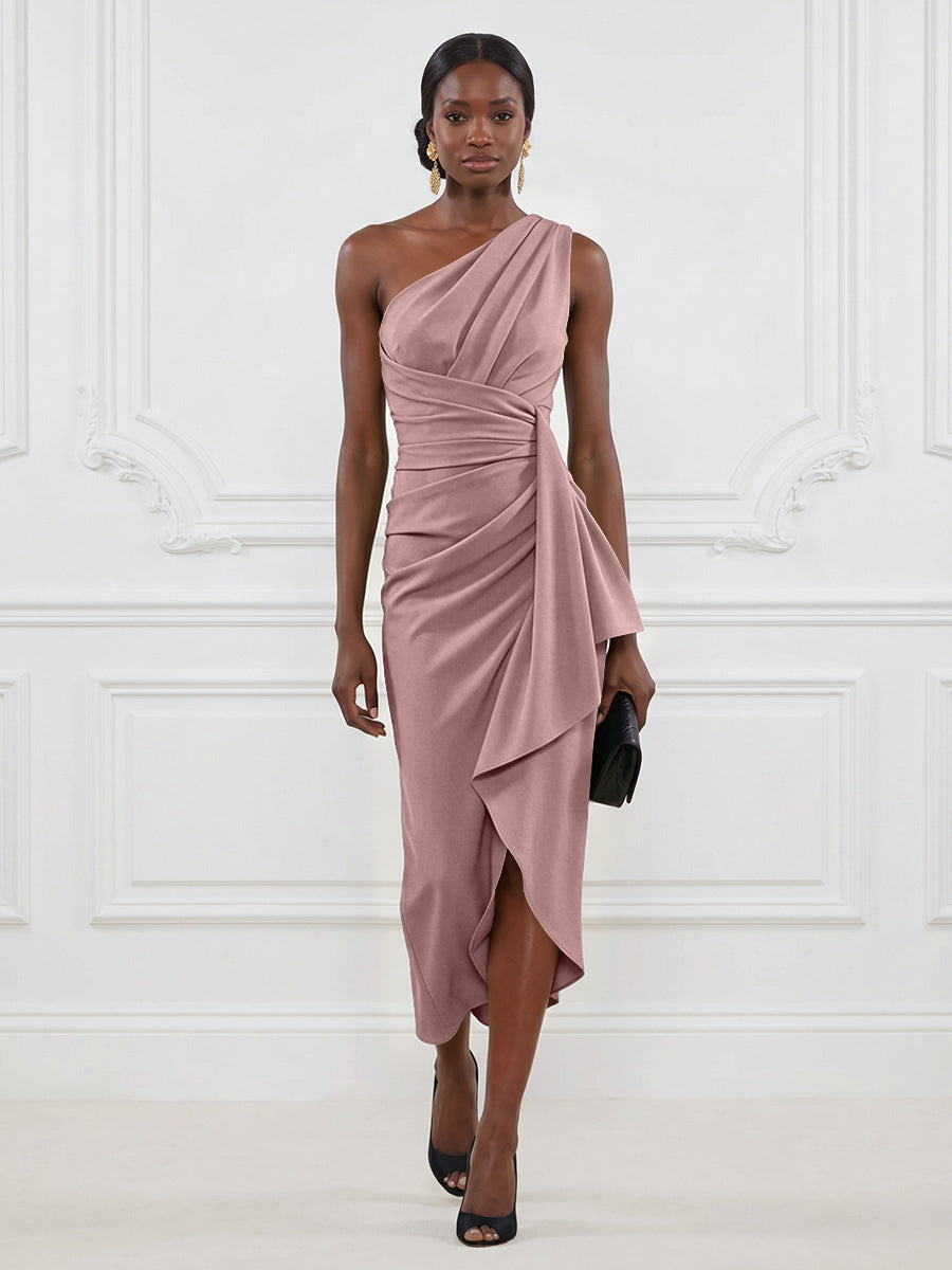 Stretch Mesh Sheath/Column One Shoulder Tea-Length Cocktail Dresses with Ruffles