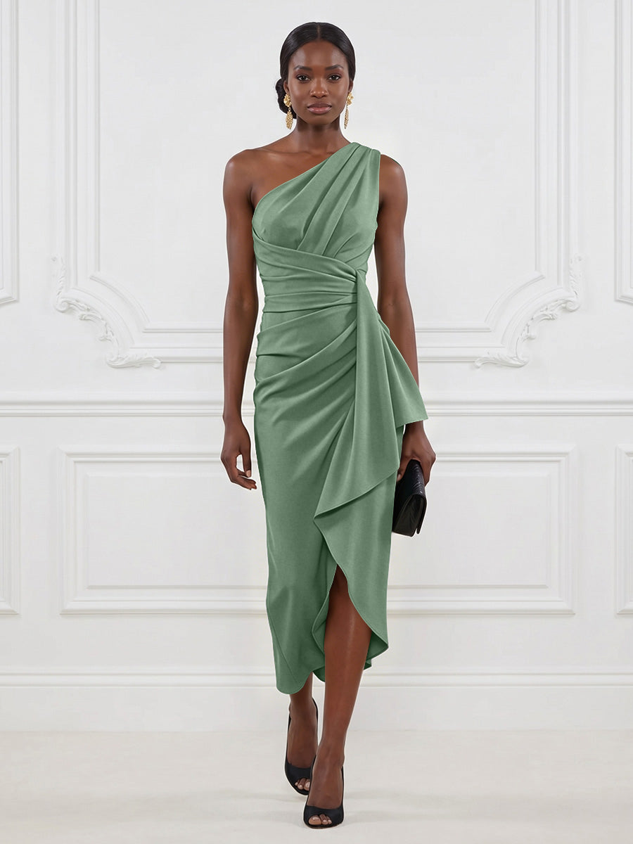 Stretch Mesh Sheath/Column One Shoulder Tea-Length Cocktail Dresses with Ruffles