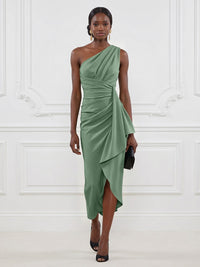 Stretch Mesh Sheath/Column One Shoulder Tea-Length Cocktail Dresses with Ruffles