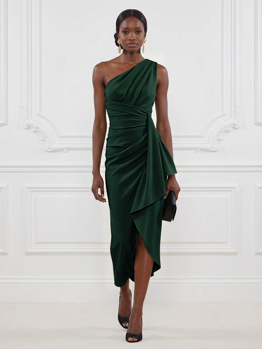 Stretch Mesh Sheath/Column One Shoulder Tea-Length Cocktail Dresses with Ruffles